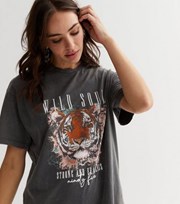 New Look Dark Grey Tiger Wild Soul Acid Wash Logo Oversized T-Shirt